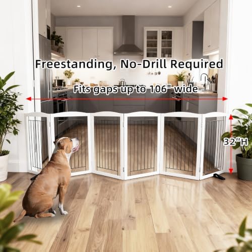 ZJSF Freestanding Dog Fence Indoor, Foldable Dog Gate for Doorways, Stairs or Hallways, Sturdy Wood Extra Wide Pet Gate with Support Feet for The House, White, 32 "Height-6 Panels - Image 2