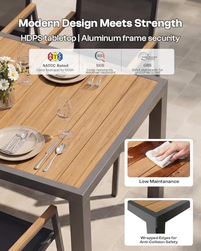Outdoor Dining Set, 7 Piece Aluminum Patio Table and Chairs Set, All Weather Patio Dining Furniture Set with Umbrella Hole for Backyard, Deck, Poolside (Gray-Teak) - Image 3