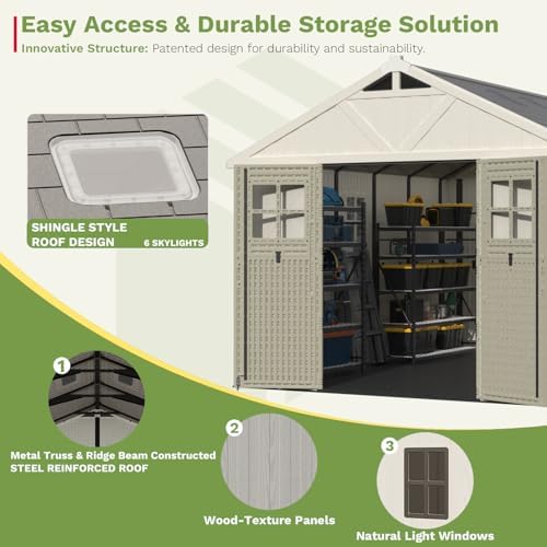 Patiowell 10x12 FT Resin Outdoor Storage Shed with Floor and Skylight,Beige - Image 5