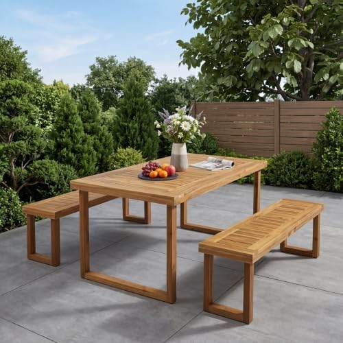 69'' Outdoor Patio Dining Table & 2 Bench for 4, Acacia Wood Dining Table Set Outdoor & Indoor Furniture for Patio Porch Garden, 3-Pcs, Sandblast Natural Finish - Image 3