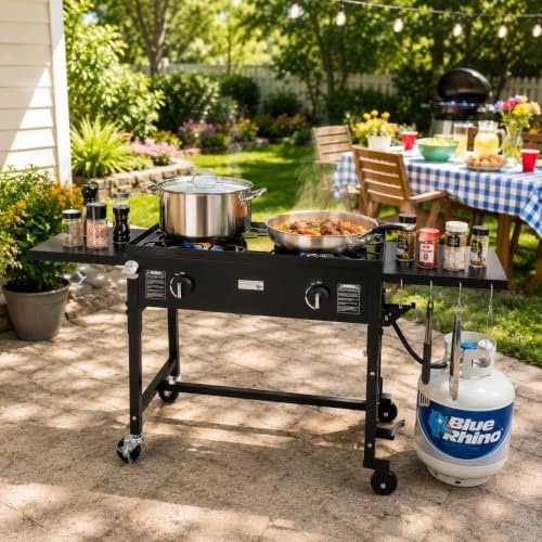 Barton Outdoor Camping Propane Double Burner Stove Cook Cooking Station Stand Picnic BBQ Grill 58,000 BTU, with 2 Side Shelves, Hose & Regulator Included for Backyard BBQ, Tailgating, Camping - Image 2
