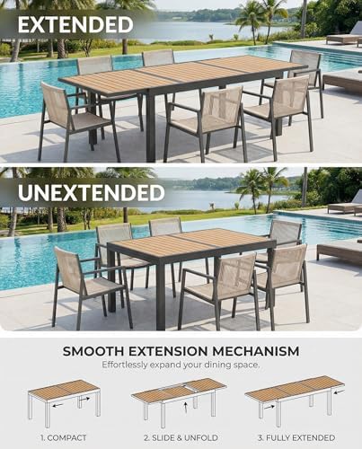 ZANDOR Expandable Patio Dining Table for 4-8 People, Aluminum Outdoor Square Table(55"-82.7") with Safety Lock,Adjustable Height-Wood Grain for Backyard,Garden,Porch, Yard,Poolside,Grey - Image 2