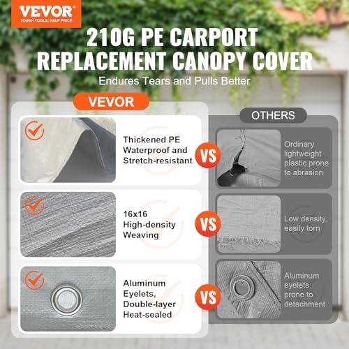 VEVOR Carport Replacement Canopy Cover 10 x 20 ft, Garage Top Tent Shelter Tarp Heavy-Duty Waterproof & UV Protected, Easy Installation with Ball Bungees,Grey (Only Top Cover, Frame Not Include) - Image 2