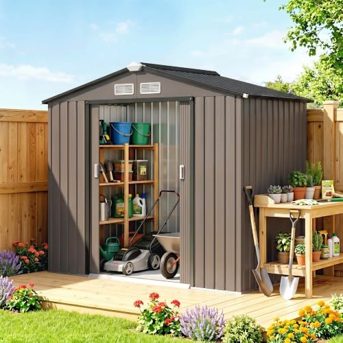 Outsunny 7' x 4' Outdoor Storage Shed Garden Tool Metal Shed Brown by Outsunny