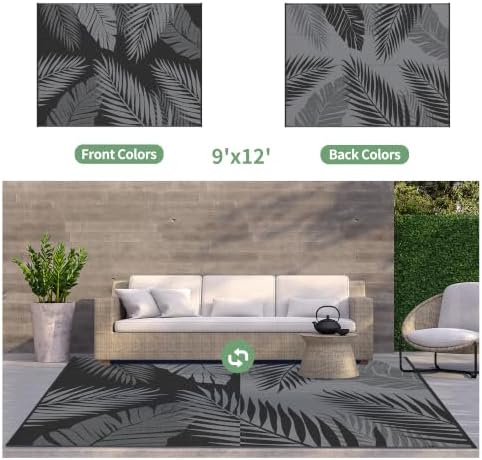 GENIMO Outdoor Rug, Waterproof Plastic Rugs for Patio, 9'x12' Black Grey - Image 2