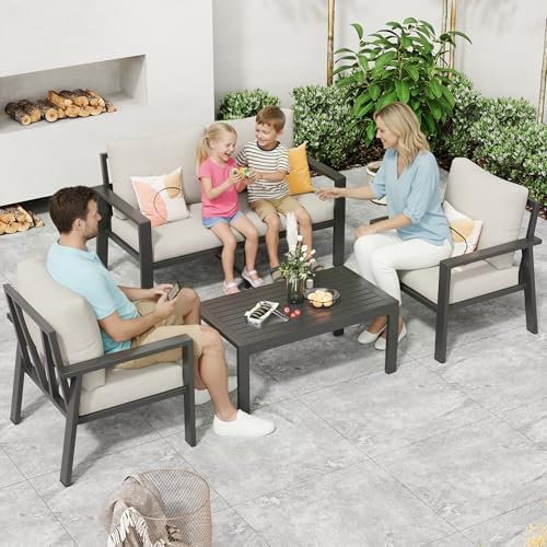 4-Piece Aluminum Outdoor Patio Furniture Sets All-Weather Patio Conversation Set Sectional Sofa with Coffee Table & Cushions with Removable Covers for for Deck Backyard Garden Poolside Balcony Porch by VonzoyHome