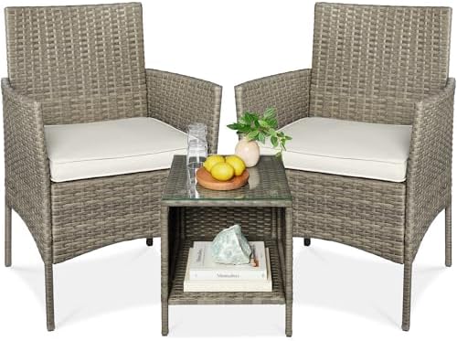 Best Choice Products 3-Piece Outdoor Wicker Conversation Bistro Set, Space Saving Patio Furniture for Garden w/Side Table - Taupe/White Sand by BestChoiceProducts