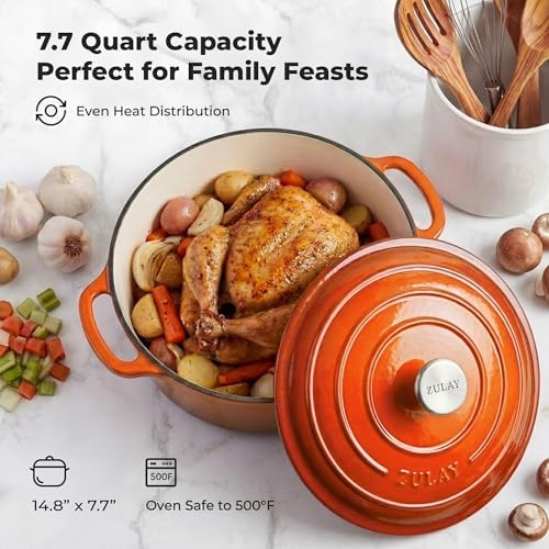 Zulay Kitchen 7.7 Quart Enameled Cast Iron Dutch Oven Pot with Lid – Premium Durability & Oven Safe up to 500°F – Heavy Duty Cookware Perfect for Bread Baking, Stews, Braising & Roasting – Orange - Image 6