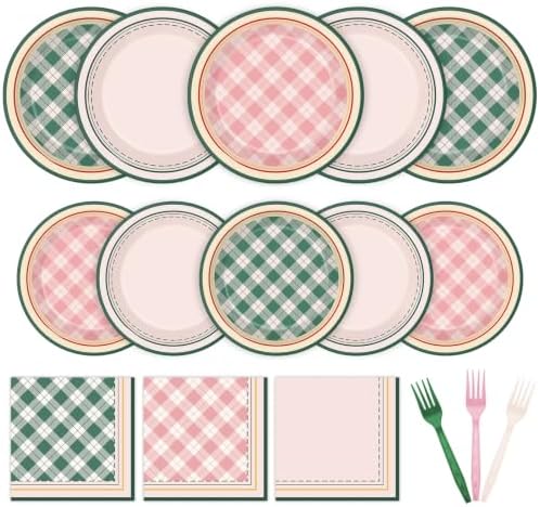 96Pcs Camp Bachelorette Decorations Plaid Plates and Napkins,Serves 24 by Unknown