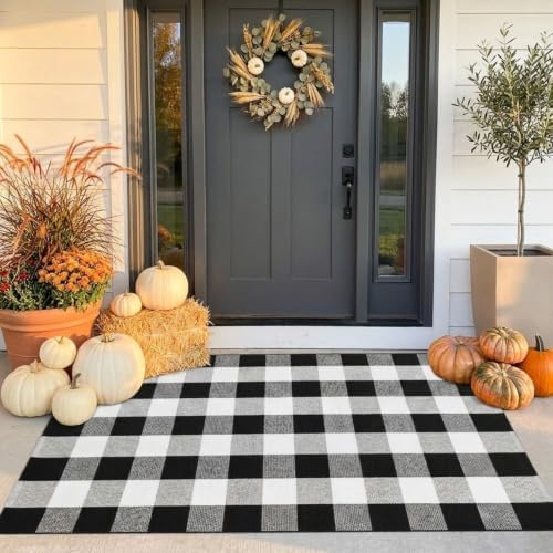 SEEKSEE Buffalo Plaid Outdoor Rug 3' x 5' Black and White Front Door Mat, Layering Rug for Porch, Washable Doormat, Cotton Area Rug for Outdoor Entrance Entryway Patio Porch Decor - Image 3