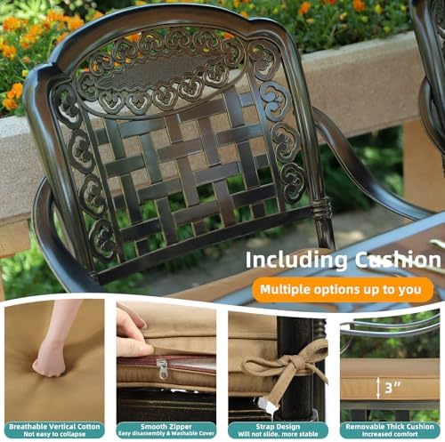MEETWARM 5 Piece Patio Dining Set, Outdoor All-Weather Cast Aluminum Dining Table Set, Patio Furniture Set for Backyard Garden Deck, Include 4 Chairs, 4 Cushions and 1 Round Table with Umbrella Hole - Image 4