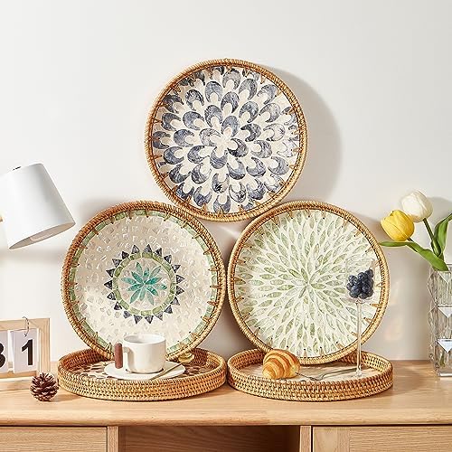 Round Rattan Tray with Mother of Pearl Inlay, Rattan Serving Tray with Wooden Base, Decorative Wicker Basket for Table Decor, Storage and Display of Coffee Bread Food Fruit (Plume) - Image 4