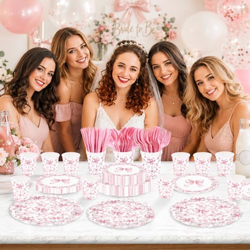 168 Pcs Pink Bow Floral Scalloped Party Decorations,Serves 24 - Image 4