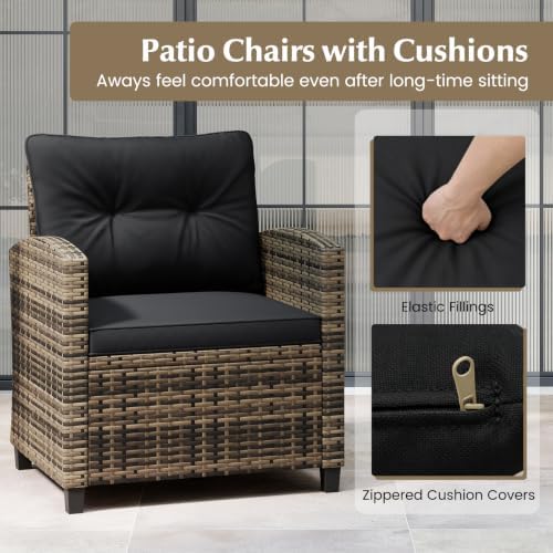 Tangkula 3 Piece Patio Furniture Set, Rattan Conversation Set w/Soft Seat & Back Cushions, Tempered Glass Topped Coffee Table, Cushioned Wicker Seating Set for Backyard, Porch, Poolside - Image 6