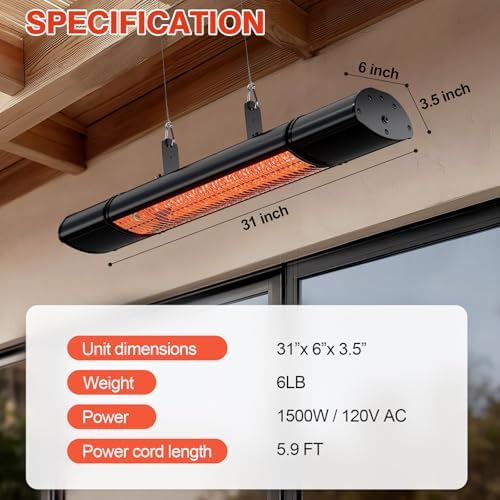 Electric Hanging Patio Heater with remote control, built in Temperature Control, Wall mounted or ceiling mounted, Suit for Outdoor, 1500W, Black - Image 6