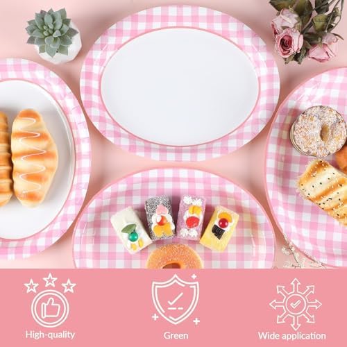50 PCS Pink Plaid Oval Paper Plates Large 11” Disposable Pink and White Checkered Party Decorations Camp Oval Supplies Favor for BBQ Gathering Picnic Birthday Outdoor Girls Party Tableware Set - Image 4