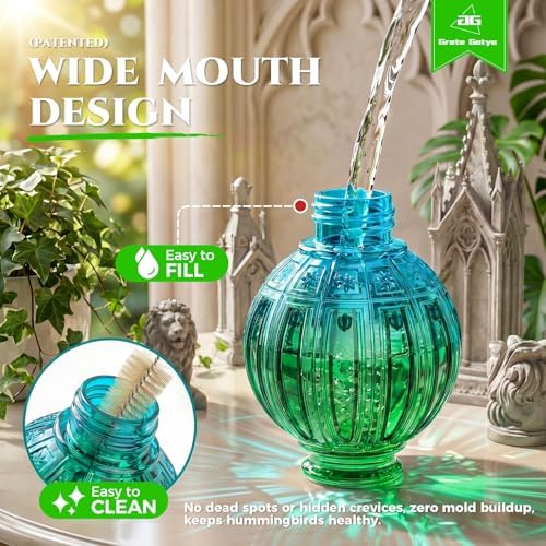 Glass Hummingbird Feeder for Outdoors Hanging, Bird Nectar Feeder with Perch & 5 Flower Feeding Ports, 26 Oz Leak Proof for Outside Garden Decor Backyard, Gifts for Women Mom, Green & Blue - Image 3