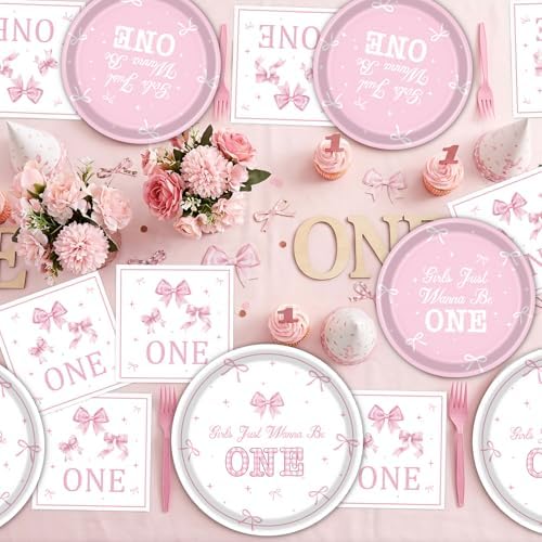 Girls Just Wanna Be One Birthday Decorations, 96PCS Pink Bow First Birthday Disposable Paper Plates and Napkins Party Decorations, Cute One Year Old Girl Forks Tableware Set for 24 Guests - Image 5