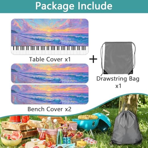 Piano Keyboard Picnic Table Cover with Bench Covers, Camping Essentials, Beach Seaside Sunset Purple Waterproof Windproof, Fitted Tablecloth Cover with Elastic Edge for Outdoor Garden 3 PCS 30x60 Inch - Image 6
