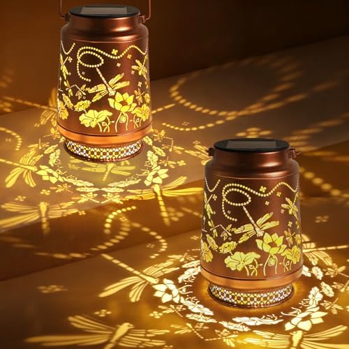 2 Pack Dragonfly Solar Lanterns Outdoor Waterproof, Garden Decor Birthday Gifts for Women Mom Grandma Sister, Metal Hanging Solar Lights Outside Decorative for Backyard Patio Lawn Pathway Landscape by Fussion