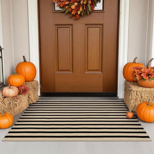 Fall Front Door Mat 24"x35", Cotton Washable Striped Outdoor Rug by Sungea