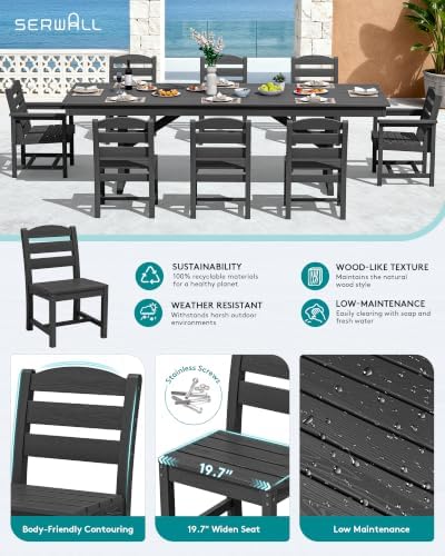 SERWALL 9Pcs HDPE Outdoor Dining Set w/6 Armless, 2 Armchairs for 8,Black - Image 3