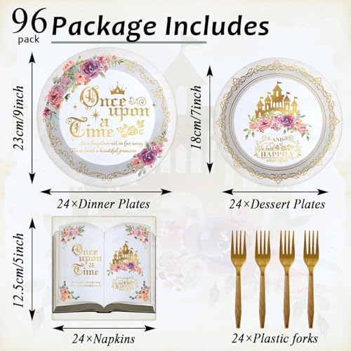 96Pcs Fairytale Princess Plates and Napkins Once Upon a Time Party Tableware Set Plates for Wedding Girl Pink Floral Gold Castle Dinnerware for Birthday Party Baby Shower Decoration Supplies Serve 24 - Image 2
