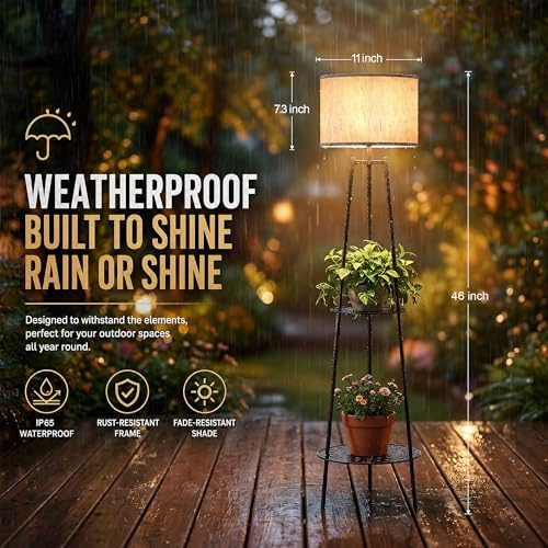 Solar Outdoor Floor Lamp with Plant Shelves, Waterproof Solar Standing Lamp for Patio Porch Garden Yard, Auto On/Off Warm LED Floor Light with 2-Tier Plant Stand, Cordless Outdoor Decor Lighting - Image 3