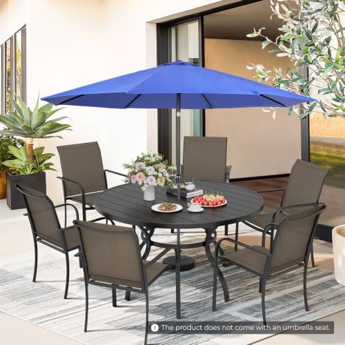 Incbruce 8 PCS Patio Dining Set with Dark Blue Umbrella, Outdoor Dining Set of 6 Textilene Chairs and 53" Round Table with Umbrella Hole for Backyard, Garden, and Poolside (Brown) - Image 2
