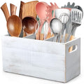 ALELION Rustic White Utensil Holder with Removable Divider - 3 Compartment Wooden Utensil Caddy Organizer for Kitchen Counter - Cooking Utensil Crock for Countertop by ALELION