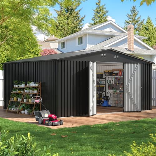 14x12 FT Outdoor Storage Shed, Metal Garden Shed with Lockable Door & Sloped Roof, Large Waterproof Utility Tool Shed for Backyard, Garden, Patio, Lawn, Black by EASYHAWK