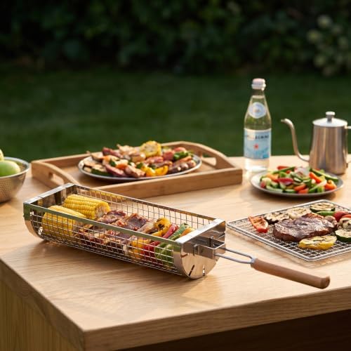Rolling Grill Basket Large, 304 Stainless Steel Cylinder BBQ Grill Basket - Image 2