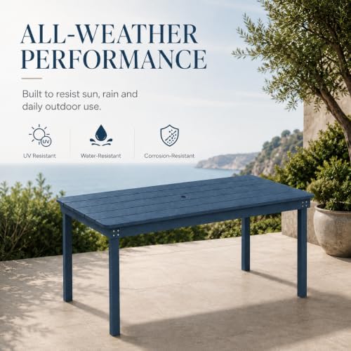 64" Rectangular Outdoor Dining Table, All-Weather HDPE Patio Table for 6-8 Person, Large Composite Wood Furniture with Umbrella Hole for Backyard Deck Garden Poolside, Navy Blue - Image 4