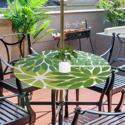 Round Tablecloth with Umbrella Hole and Zipper Elastic Fitted Table Cloth 45"-56" Oil-Proof Waterproof Patio Table Cover for Outdoor Picnic Party, Spring Summer Geometric Elegant Dark Light Green - Image 2
