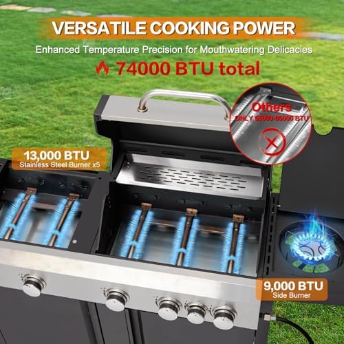 3 IN 1 Pizza Griddle Grill Combo, 74,000 BTU 5-Burner Stainless Steel Propane Gas Grill with Side Burner, Porcelain Enameled Cast Iron Grates, Griddle & Pizza Oven for Outdoor Patio Backyard - Image 4