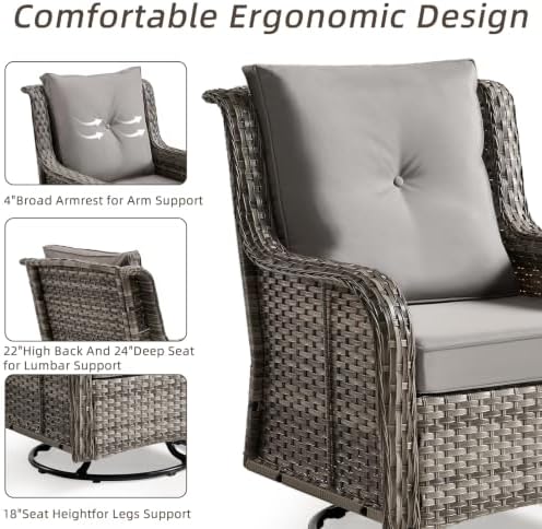 Wumiokio Patio Furniture Sets, 3 Pieces Wicker Outdoor Furniture - 360 Degree Swivel Rocking Chairs and Rattan Side Table for Garden,Porch,Backyard (Grey Wicker/Grey Cushion, 3PCS - Swivel Chairs) - Image 5