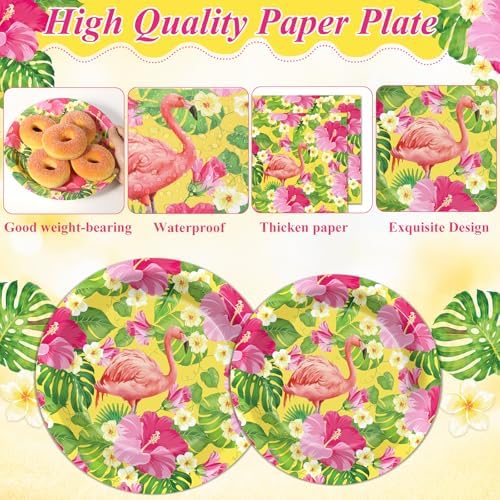 96PCS Hawaiian Luau Party Paper Plates and Napkins Hawaiian Party Supplies Summer Hibiscus Plates Tropical Aloha Palm Leaves Disposable Tableware Set for Beach Pool Birthday Baby Shower Decorations - Image 3
