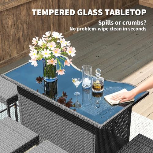 Outsunny 5 Piece Wicker Outdoor Bar Set with Glass Table Top Dark Gray - Image 5
