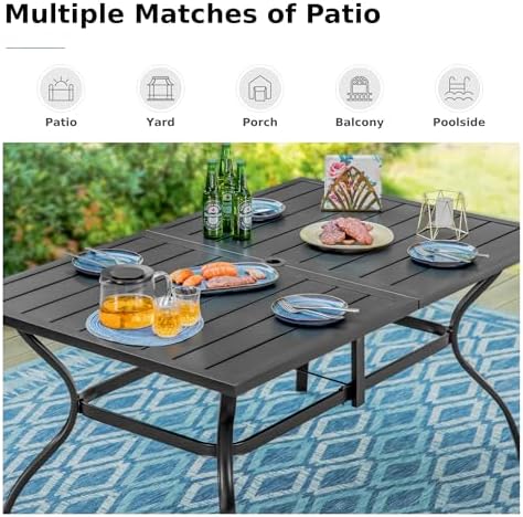 MFSTUDIO Patio Table for 6, Black Metal Dining Table w/Umbrella Hole - Image 5