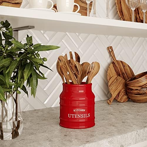 Barnyard Designs Ceramic Kitchen Utensil Holder Countertop 6.75″ (Red) - Image 6