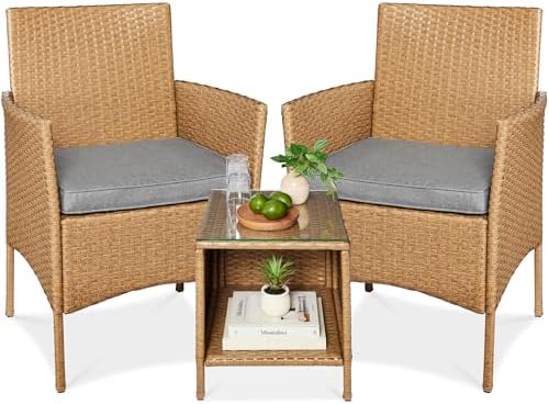Best Choice Products 3-Piece Outdoor Wicker Conversation Bistro Set, Space Saving Patio Furniture for Garden w/Side Table - Natural/Cement Gray by BestChoiceProducts