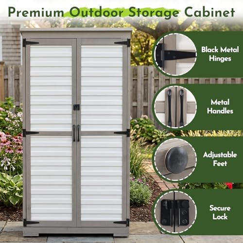 Tall Outdoor Storage Cabinet with Adjustable Shelves, White Plastic & Wood Storage Cabinets with Waterproof Roof, Lockable Doors, Outside Tool Shed for Garden,Patio, Backyard, Garage - Image 5