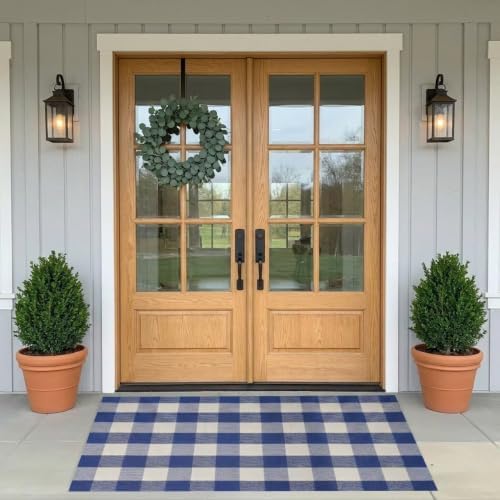 SEEKSEE Buffalo Plaid Outdoor Rug 3' x 5' Blue and White Front Door Mat, Layering Rug for Porch, Summer Doormat, Front Porch Rug for Outdoor Entrance Entryway Patio Porch Decor - Image 3