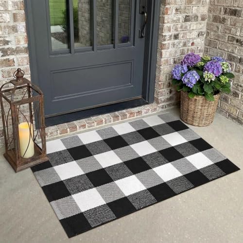SEEKSEE Fall Decor Buffalo Plaid Outdoor Rug 2' x 3' Black and White Front Door Mat, Layering Rug for Porch, Washable Doormat, Cotton Area Rug for Outdoor Entrance Entryway Patio Porch Decor - Image 3