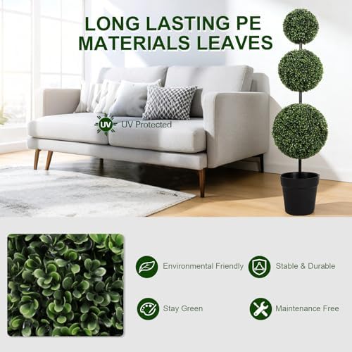 VIVATREES 4FT UV-Resistant Artificial Triple Ball Boxwood Topiary Set of 2, All-Weather Outdoor & Indoor Decor for Garden, Porch, Entryway - Image 2
