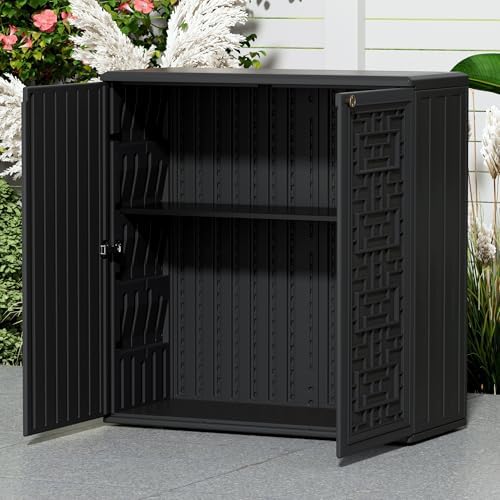 Mrosaa Outdoor Storage Cabinet Waterproof with Shelf,Resin Storage Sheds Outdoor Cabinets for tub Towels/Chemicals/Grill Items/Patio/Garden/Backyard, Size 34.3''L*15''W*36.2''H（Black） - Image 3