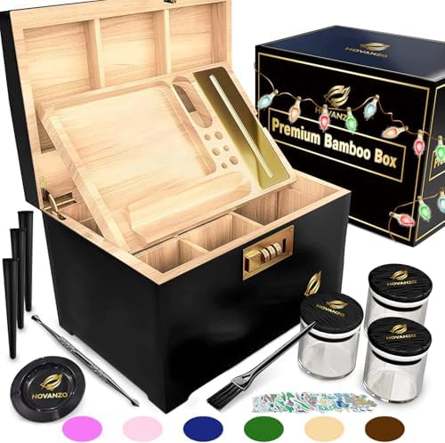 HOVANZO Premium Large Bamboo Storage Box with Organizer Tray - Storage Wood Box and Accessories - Decorative Box with Combination Lock - Large Wooden Container - Box Kit with Glass Jars by hovanzo