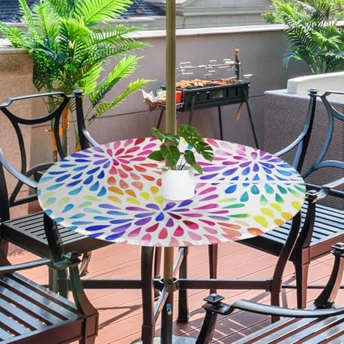 Colorful Fitted Round Tablecloth with Umbrella Hole and Zipper Spring or Summer Floral Outdoor Elastic Table Cloth 36"-44" Oil-Proof Waterproof Patio Table Cover for Picnic Party - Image 2