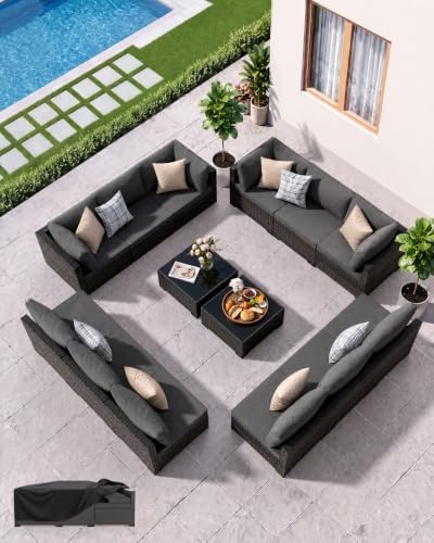 Patio Furniture Set - All-Weather - 14 Piece Patio Outdoor Conversation Set, Modular Wicker Rattan Sectional Sofa for Backyard, Garden, Poolside, Balcony, Porch, Patio, Brown/Dark Gary by Unknown