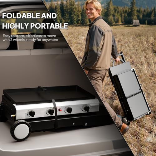 Bonnlo Foldable Flat Top Grill with 4 Burner, Powerful 40,000 BTU Propane Gas Grills with Ignition, Enamel Griddle, Side Shelf & Portable Cart with Wheels for Outdoor Camping Hibachi Grill Use - Image 3